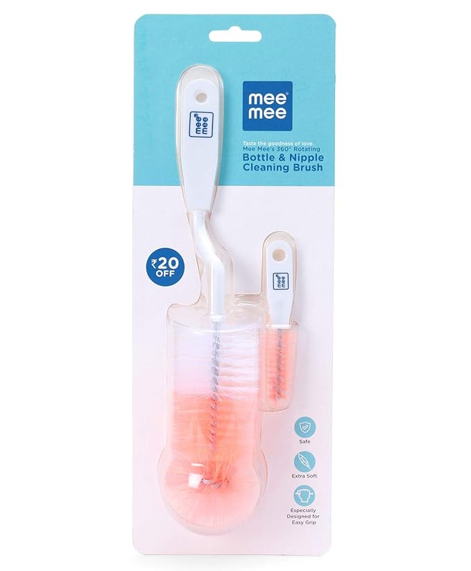 Mee Mee Easy Grip Bottle Brush Cleaner- Baby Milk Bottle Cleaner Nipple Cleaner Brush with 360* Rotating Long Handle (Pink)