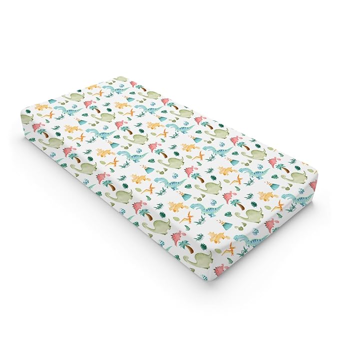 Colorful Dinosaurs Changing Pad Cover Cute Cartoon Dinosaurs Jungle Plam Leaves Diaper Change Table Pad Cover for Boys Girls Soft Breathable Stretch Fitted Changing Mat Sheets 32''x16''