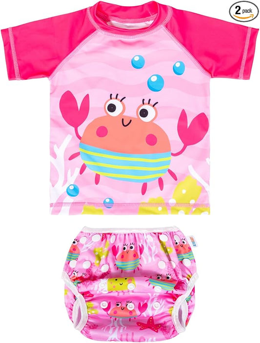 ALVABABY Baby Girl Swimsuit, 2-Piece Infant Toddler Bathing Short Sleeve Swimwear, Small Baby Reusable Swim Diaper with Matching Top