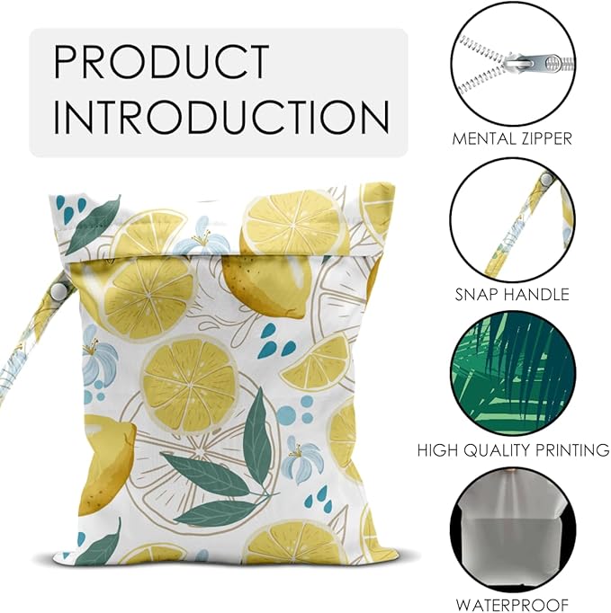 Wet Bag for Swimsuit Pool Travel Baby Cloth Diapers Dirty Yoga Gym Clothes Beach Bags Summer Gifts for Women Men Beach Vacation Essentials Lemon Waterproof Wet Dry Bag Travel Laundry Bags
