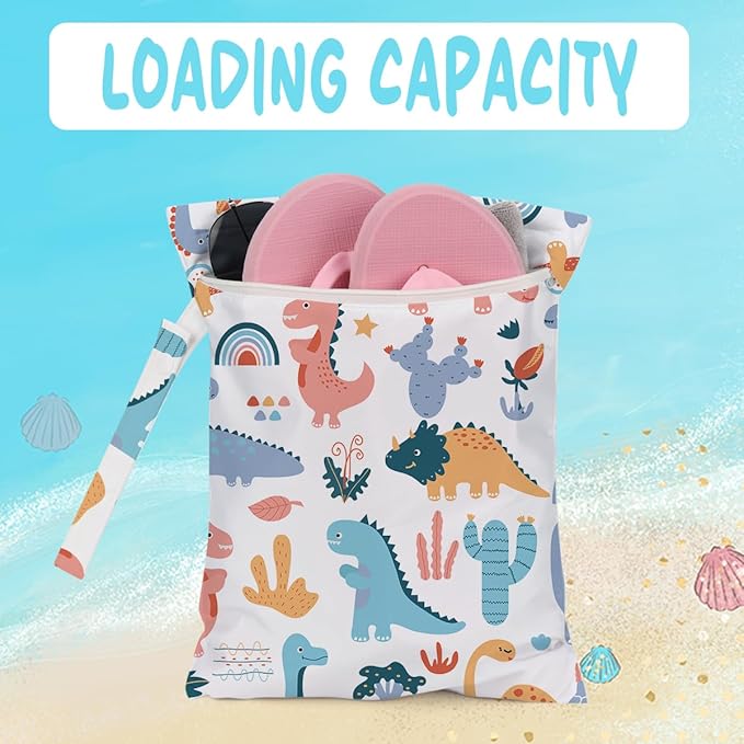 Wet Bag for Baby Swimsuit Kids Wet Dry Bag for Breast Pump Parts Diaper Bag Toiletries Daycare Organizer Beach Vacation Essentials Colorful Dinosaur Waterproof Travel Laundry Bags