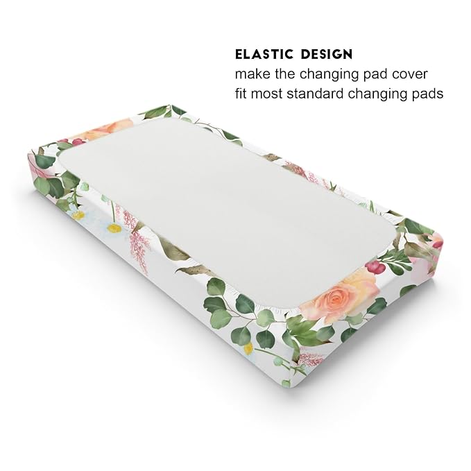 Jungle Safari Animals Tropical Leaves Flowers Changing Pad Cover Lion Elephant Zebra Giraffe Hippo Change Table Covers for Boys Girls Soft Stretchy Diaper Changing Mat Sheets Cover 32''x16''