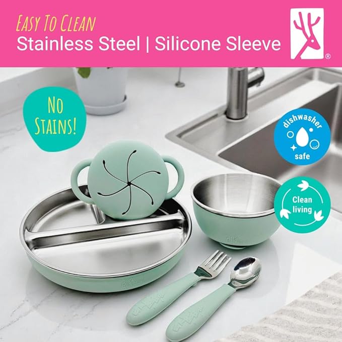 Elk and Friends Kids Stainless Steel Mealtime Bundle | Plates, Bowls, Snack Cups + Toddler Utensils | Silicone Suction Sleeves + Travel Storage Lids | For Meals + Snacks | Dishwasher Safe