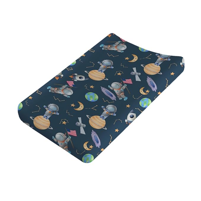 Cartoon Outer Space Galaxy Ship Astronaut Changing Pad Covers Cute Spaceman Moon Stars Changing Table Sheets for Boy Girl Soft Stretchy Snug Fitted Diaper Change Table Pad Covers Mats 32''x16''