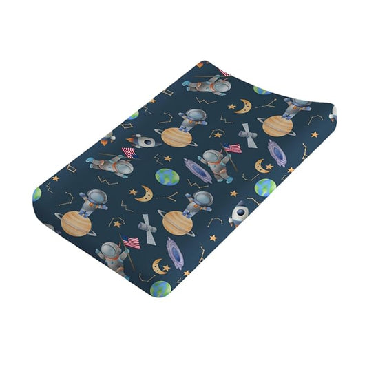 Cartoon Outer Space Galaxy Ship Astronaut Changing Pad Covers Cute Spaceman Moon Stars Changing Table Sheets for Boy Girl Soft Stretchy Snug Fitted Diaper Change Table Pad Covers Mats 32''x16''