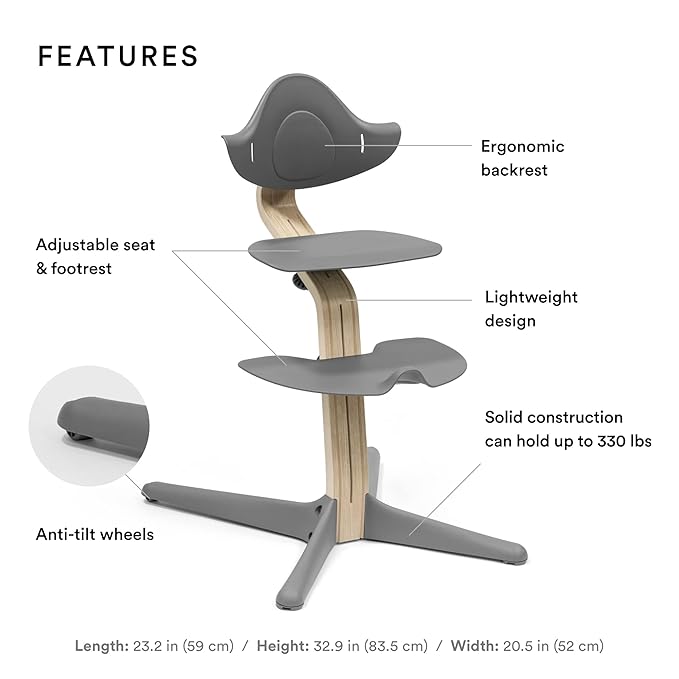 Nomi Chair by Stokke, Grey - Inspires Active Sitting - Tool-Free, Seamless Adjustability - Includes Stable Footrest & Anti-Tilt Wheels - Holds Up to 330 lbs.