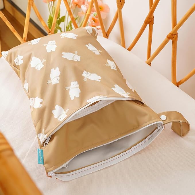 MOMIGO 2 pcs/set Wet Dry Bags for Baby Cloth Diapers - Reusable, Washable for Stroller, Diapers, Travel Bags, Gym Bag (Brown&Rainbow&Sun)