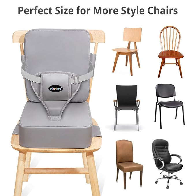 Toddler Booster Seat for Kitchen Chair with Removable Backrest & Adjustable Straps, PU Portable Waterproof & Non-Slip Booster Seat for Dining Table, Travel Child Eating Cushion-Light Grey