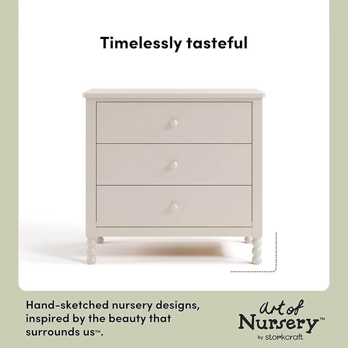 Storkcraft Rio 3 Drawer Chest with Changing Topper (Frosted Oat) – GREENGUARD Gold Certified, Premium Wood Dresser for Baby & Kids Bedroom, Safety Interlocking Drawers, Pre-Installed Tracks