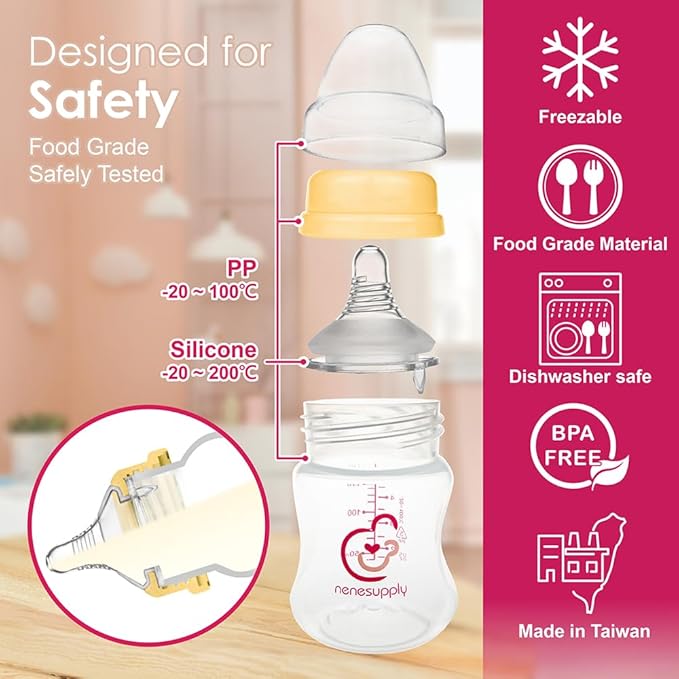 Nenesupply Natural Baby Bottles Newborn Flow Feeding Bottles Breastfeeding Bottle for Breastfed Babies Wide Neck 4.7oz Anti Colic Level 1 Nipple for 0+ Month Infant Replace Spectra Bottles for Pumping
