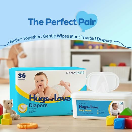 Dynarex DynaCare Hugs of Love Baby Wipes - Unscented - Large - Alcohol-Free Wipes with Aloe & Lanolin, Safe for Sensitive Skin - 80 Wipes per Tub, 12 Tubs per Case