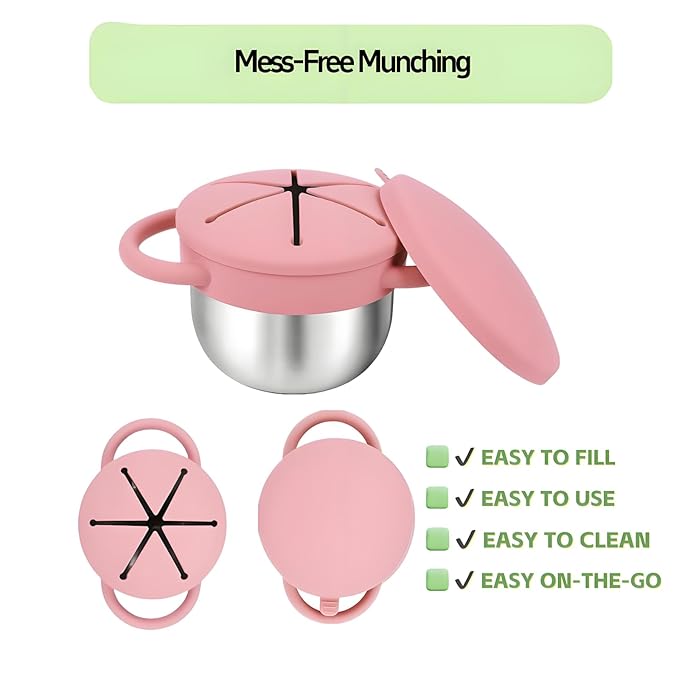 Toddler Snack Cups with Lid Spill Proof, Stainless Steel Baby Toddler Kids Snack Containers, 2 Pack Snack Catcher (Light Blue&Pink)