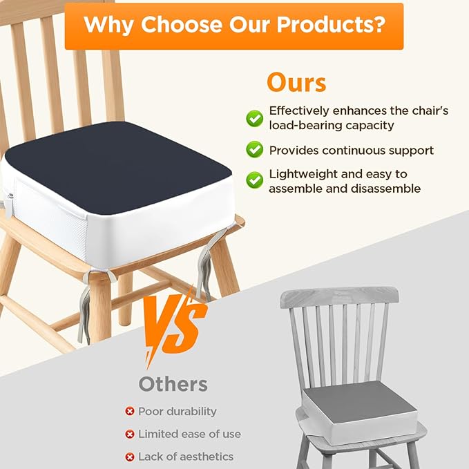 Booster Seat for Kitchen Chair, 3.8" Toddler Booster Seats for Dining Table with Ties, PU Dining Chair Pads with Side Pockets, Non-Slip & Removable Booster Seat for Table Increasing Cushion (Blue)