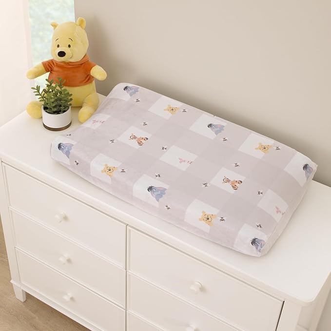 Disney Winnie The Pooh Hugs and Honeycombs Grey and White Plaid with Piglet, Tigger and Eeyore Contoured Changing Pad Cover