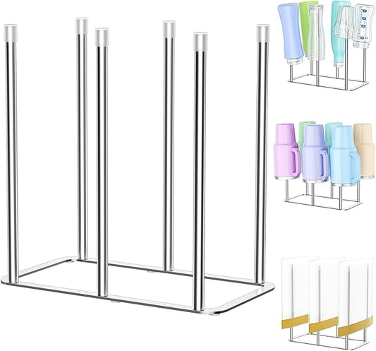 Water Bottle Drying Rack Reusable Bottle Rack Dryer Kitchen Stand Holder Metal Countertop Baby Bottle Drying Rack Water Cup Drying Rack for Plastic Bags, Bottles and Cups (Sliver, Large)