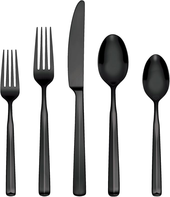 Oneida Silverware Set, Ryder Satin Black 20-Piece Flatware Set, Service For 4, 18/0 Stainless Steel, Dishwasher Safe, Cutlery Sets, Kitchen Utensils Sets, Knives Spoons And Forks (Black, 20 Pieces)