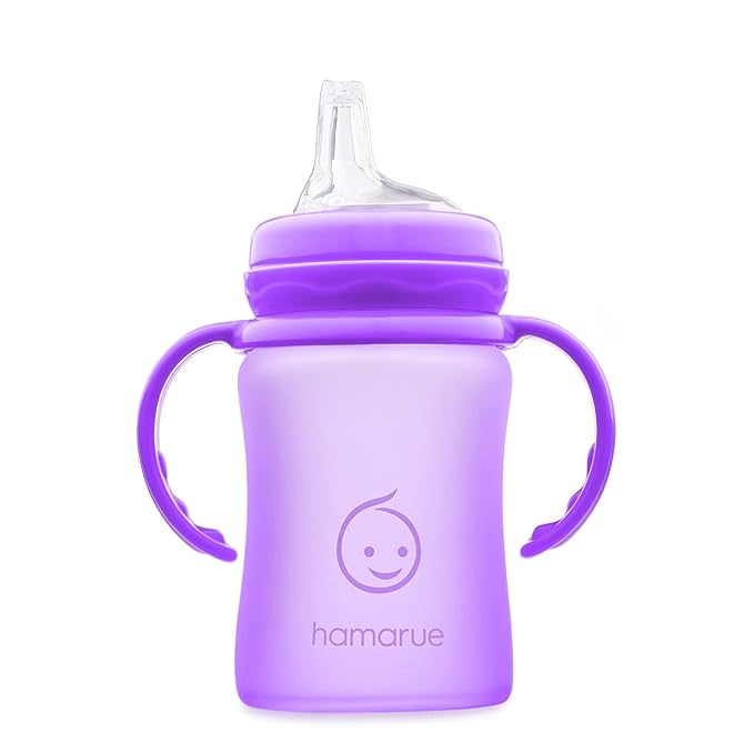 3-in-1 Glass Sippy Cups for Toddlers | Silicone Coated Glass Baby Bottles | Non-Toxic Transition Cup for Baby with Removeable Handles | Baby Straw Cup NB+,3M,6M,12M (Purple, 5 oz)