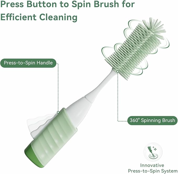 Baby Bottle Brush Set, Innovative Efficient Press-to-Spin Brush Cleaner - Includes Silicone Bottle Brush, Nipple Brush, Straw Cleaner - Spinning Generates Rich Foam for Deep Cleaning, Green