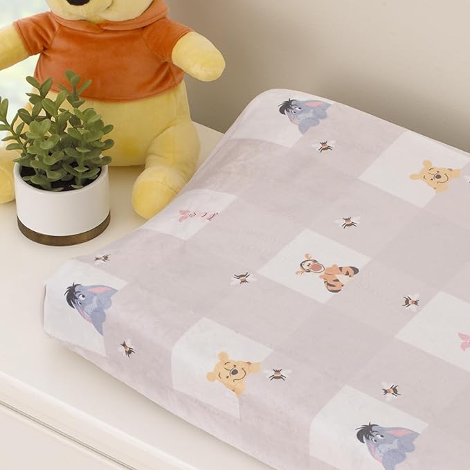 Disney Winnie The Pooh Hugs and Honeycombs Grey and White Plaid with Piglet, Tigger and Eeyore Contoured Changing Pad Cover