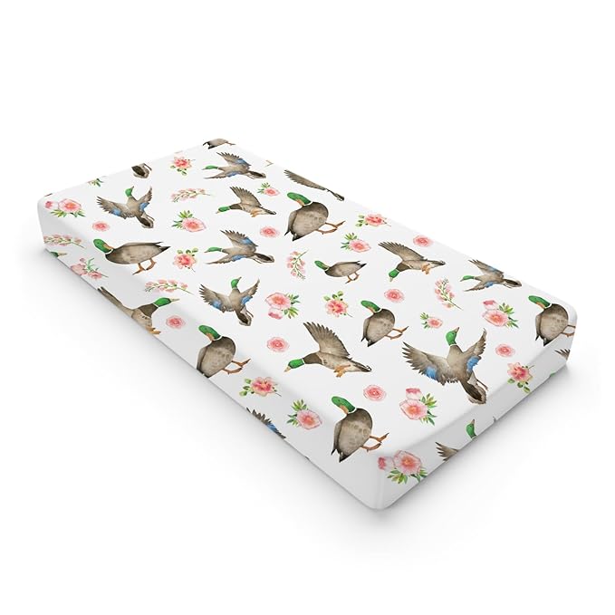 Hunting Wild Duck Boho Floral Baby Changing Pad Cover for Boy Girl 32''x16'' Mallard Duck Flowers Unisex Fitted Diaper Change Table Sheets Comfort Soft Breathable Nursery Changing Table Sheets Mats