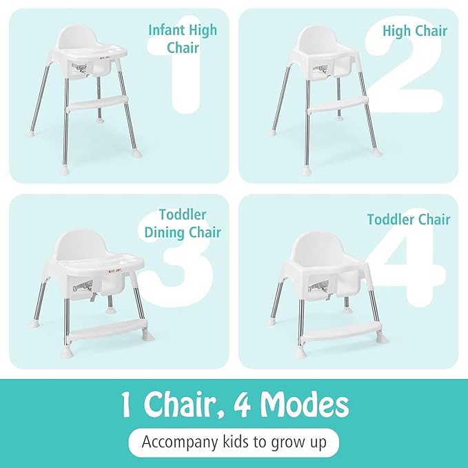 HONEY JOY Baby High Chair, 4 in 1 Convertible Highchair for Babies and Toddlers, Adjustable Legs, Double Removable Tray & Footrest, 3-Point Safety Harness for Infants Boys Girls (White)