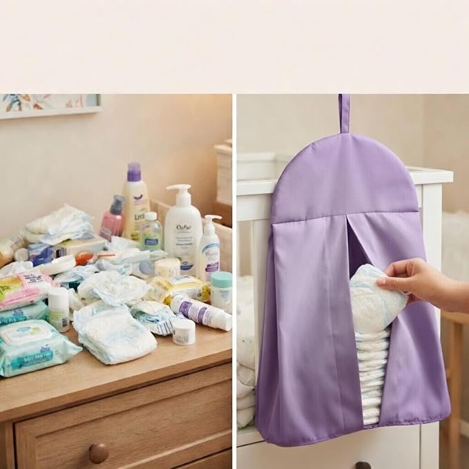 Light Purple Hanging Baby Diaper Caddy Organizer for Changing Station; Baby Nursery Décor for Girls; Diaper Stacker with Hook for Easy Reach - Safe Diaper Changes; Portable, Washable and Foldable