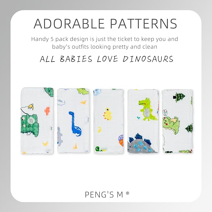 PENG'S M Baby Muslin Burp Cloths 5 Pack Dinosaur Burping Rags Super Soft Face Towel 100% Organic Cotton 20x10 Inches