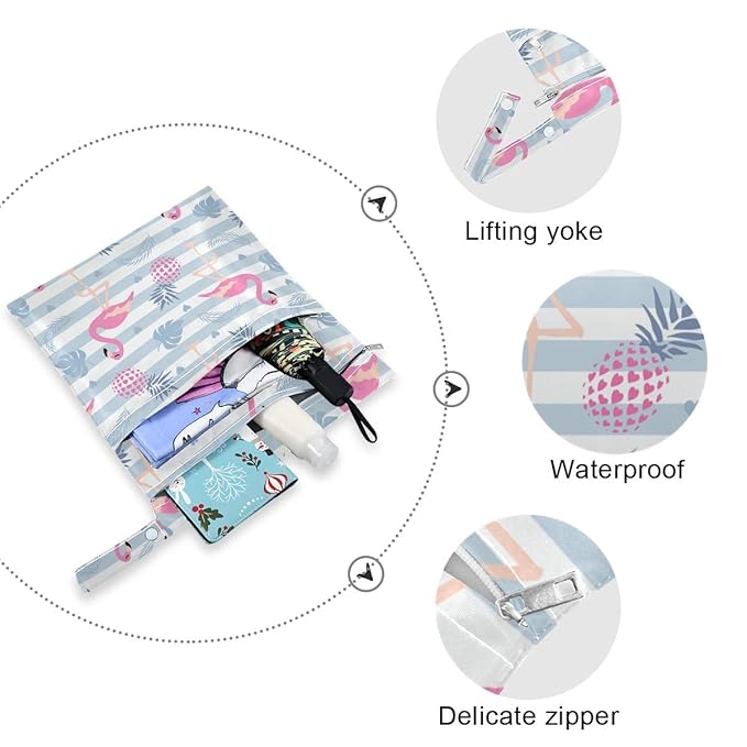 Moudou 2pcs Flamingo Wet Dry Bag Waterproof Reusable Baby Cloth Diaper Wet Dry Organizer with Two Zippered Pockets for Travel, Beach, Pool, Stroller, Diapers, Dirty Gym Clothes, Wet Swimsuits