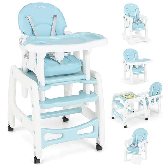 INFANS 5 in 1 Baby High Chair, Convertible Toddler Table Chair Set, Rocking Chair, Multi-Function Seat with Lockable Universal Wheels, Adjustable Seat Back, Removable Trays