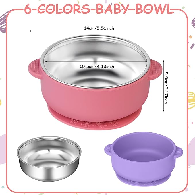 6 Pack 304 Stainless Steel Baby Bowls with Removable, Silicone Bowl, Suction Bowls for Baby, Scald-Resistant Food Containers, for Kids, Babies Food Feeding