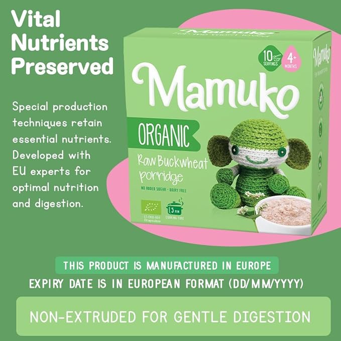 MAMUKO Organic Raw Buckwheat Porridge - High Fiber Porridge with No Added Sugar, Milk & Preservatives - Vegan Porridge Ideal for Little Ones from 4+ Months - (200g - 10 Servings)