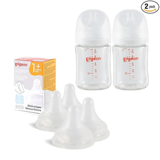 Pigeon Glass Baby Bottle(5.4 Oz, Pack of 2) with 4 Latch-On Line Silicone Nipples, Newborn Feeding Set(0~3M)