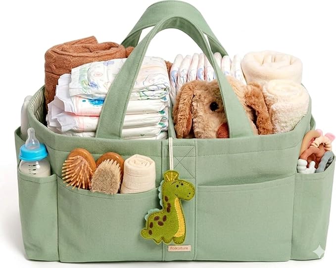 Folkulture Baby Diaper Caddy | Cotton Diaper Bag for Kids - Stylish Comfort Spacious Travel Essential Cart | Nursery Storage Bin and Car Organizer for Diapers, Wipes - (Sage Green - 15")