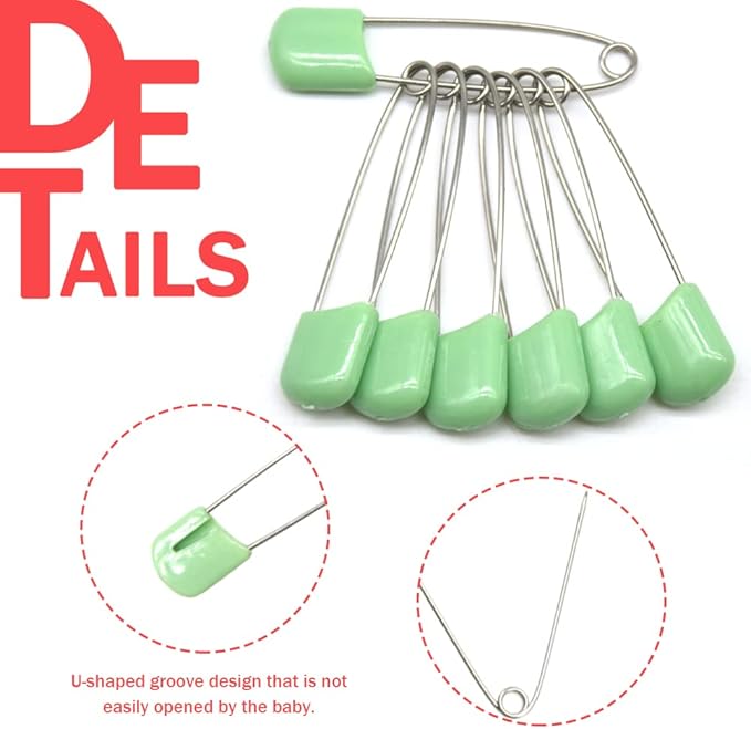 50 PCS Safety Pin 54mm/2.2in Baby Diaper Pins for Cloth Plastic Head Baby Pins for Diapers Stainless Steel Cloth Pins with Locking Closures Nappy Pin for Crafts（DT/Light Green）