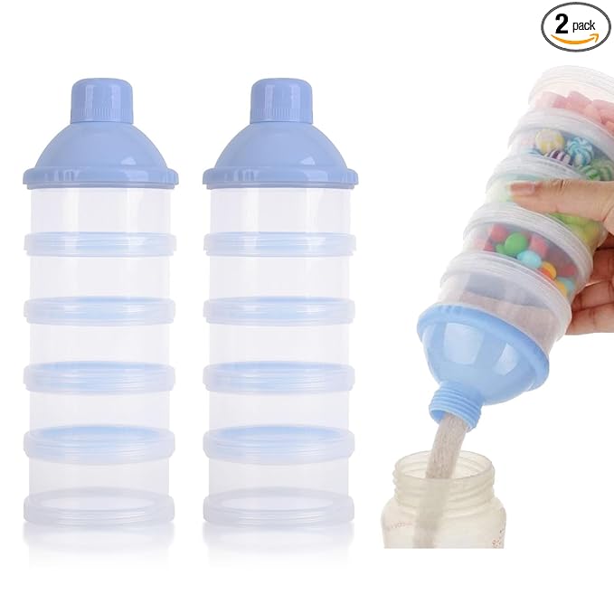 2 PCS 5 Layers Baby Milk Powder Dispenser, Milk Powder Pots, Formula Dispenser Portable Milk Powder Formula Dispenser Container Pot Box Milk Cans Snack Storage Box for Travel (Blue + Blue)