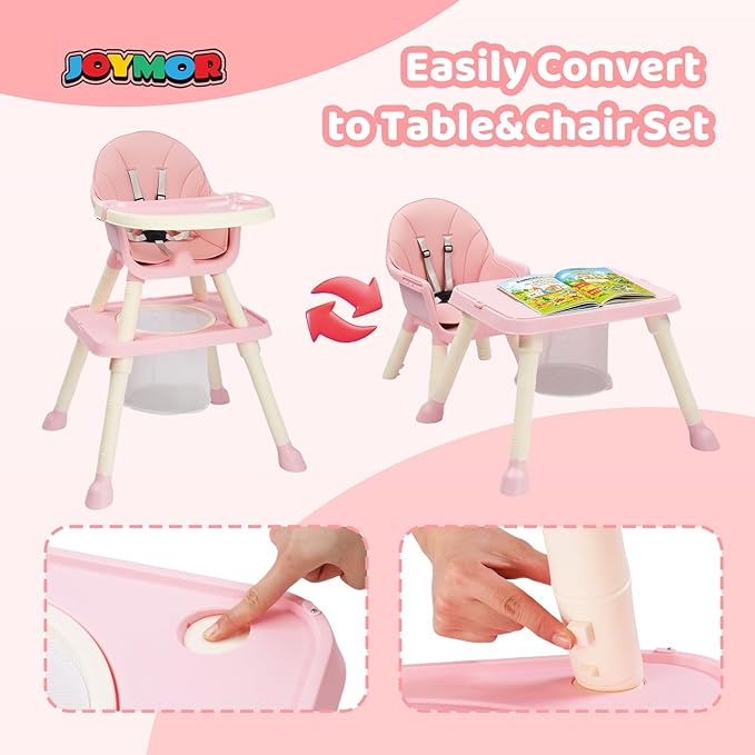JOYMOR 7 in 1 High Chair for Babies and Toddlers, Convertible Kids Learning Table and Chair with Large Baske for Storage (Pink)