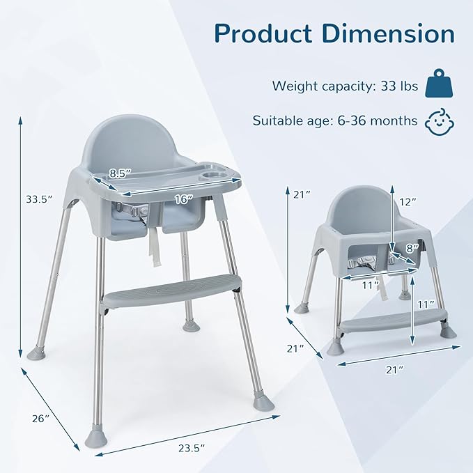 HONEY JOY Baby High Chair, 4 in 1 Convertible Highchair for Babies and Toddlers, Adjustable Legs, Double Removable Tray & Footrest, 3-Point Safety Harness for Infants Boys Girls (Gray)