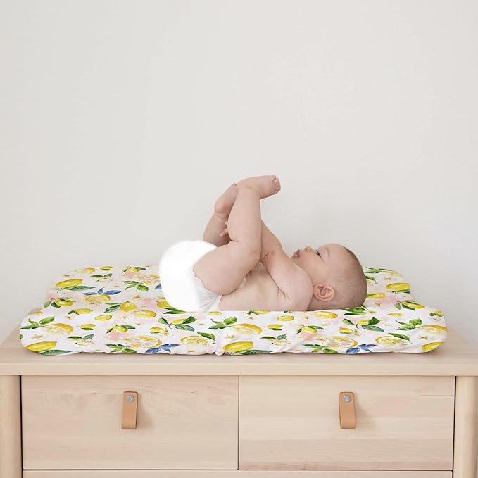 Watercolor Lemons Leaves Changing Pad Covers Summer Lemon Boho Flowers Leaves Fitted Baby Changing Table Sheets for Boy Girl Fruits Soft Breathable Stretch Diaper Change Table Pad Mats 32''x16''