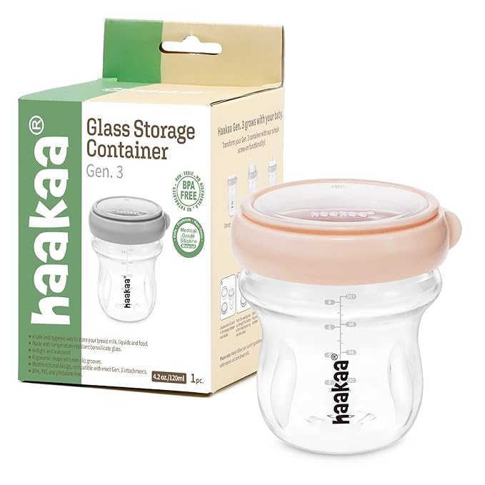 haakaa Breastmilk Storage Bottle Glass Baby Food Storage Jars Food Storage Containers with Leakproof Lid, Dishwasher-Safe, Microwave and Freezer-Friendly, BPA-Free (Peach, 4.2oz/120ml, 1 pc)