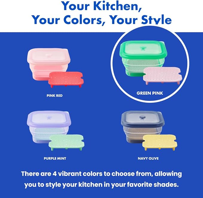 PushLock Collapsible Food Storage Container&Smart Cooking Steam Tray, Space-Saving, Platinum Silicone, Microwave&Freezer&Dishwasher Safe, for Cooking&Leftovers, BPA-Free, 60oz per Unit (GREEN&PINK)