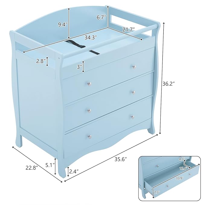 Karl home Changing Table Dresser Baby Diaper Changing Station Infant Nursing Table with 3 Drawers, Safety Rail & Strap for Bedroom, Nursery, Blue