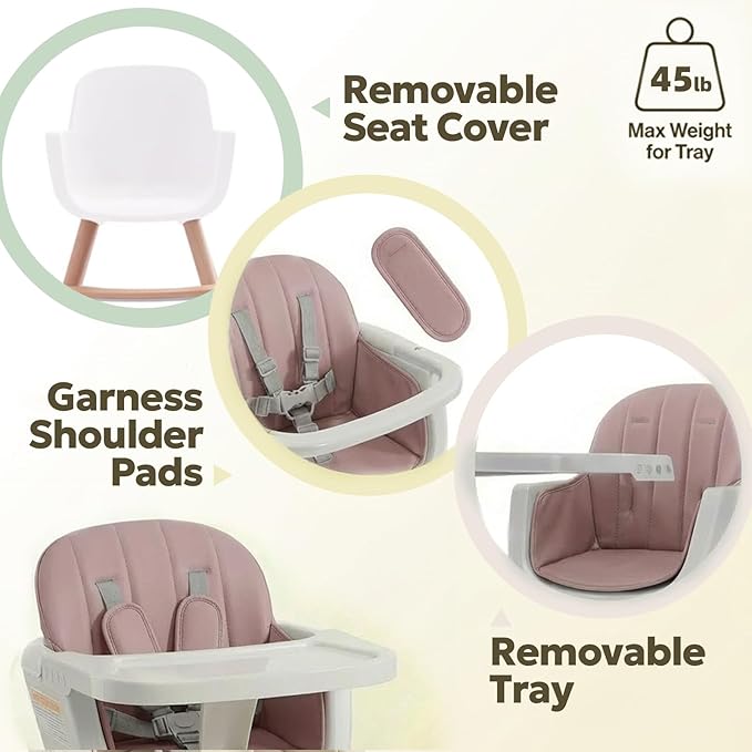 Mallify 3-in-1 Wooden High Chair, Convertible High Chairs for Babies and Toddlers, Baby Highchair with Adjustable Legs & Dishwasher-Safe Tray, Sleek Hardwood & Premium PU Cushion, Pink