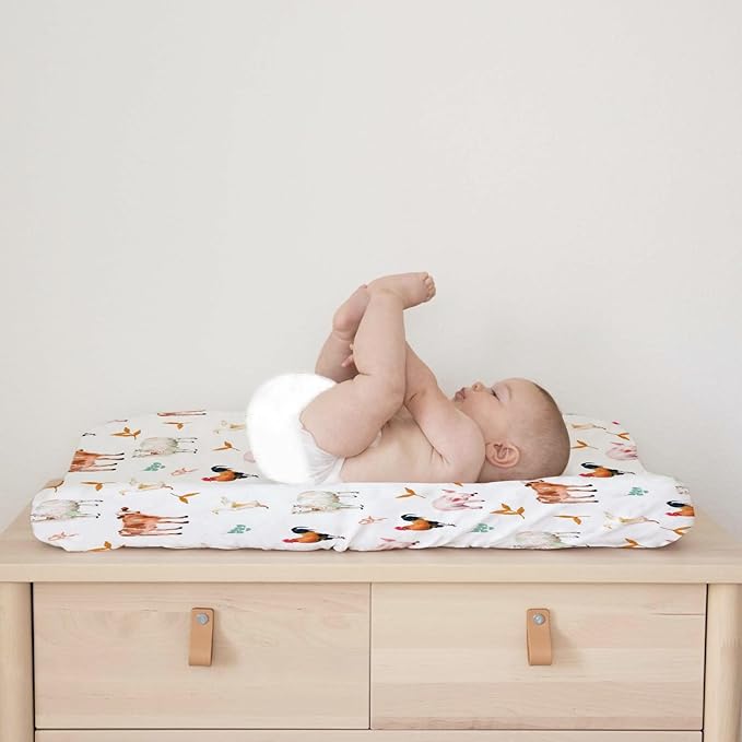 Watercolor Farm Animals Changing Pad Cover Cow Lamb Chicken Pig Hen Duck Sunflowers Leaves Diaper Change Table Cover Sheets for Boys Girls Soft Stretchy Fitted Changing Mat Sheets