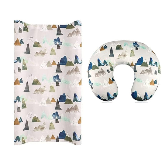 Changing Pad Cover & Nursing Pillow Cover, Neutral Breastfeeding Pillow Slipcover for Baby Boys & Girls, Changing Table Sheets Mountains