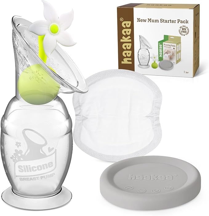 haakaa New Mum Starter Pack, Silicone Manual Breast Pump with Silicone Cap & Flower Stopper (5oz/150ml), Disposable Nursing Pads 36 Count for Breastfeeding