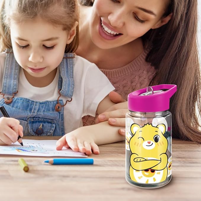 LOGOVISION Care Bears Kids Tritan Plastic Water Bottle with Straw Lid and Handle, Reusable Tumbler for Toddlers, Unisex for Girls and Boys, 12oz, Funshine Bear Belly Pattern