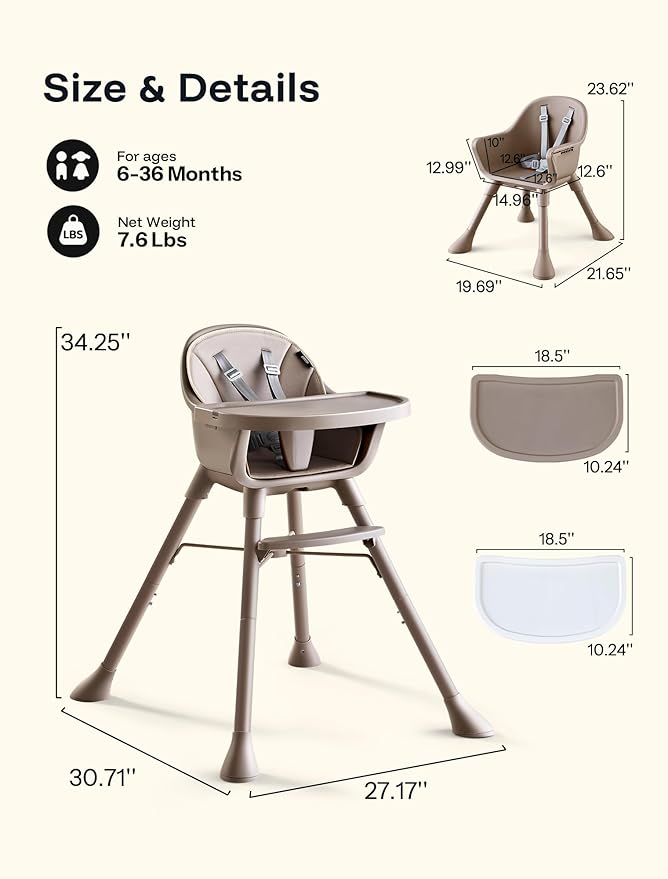 HARPPA 2 in 1 Baby High Chair for Babies and Toddlers, Convertible High Chairs with Removable Double Tray, Waterproof PU Seat Cushion, Anti-Slip Footrest and 5-Point Harness for 6–36 Months, Beige