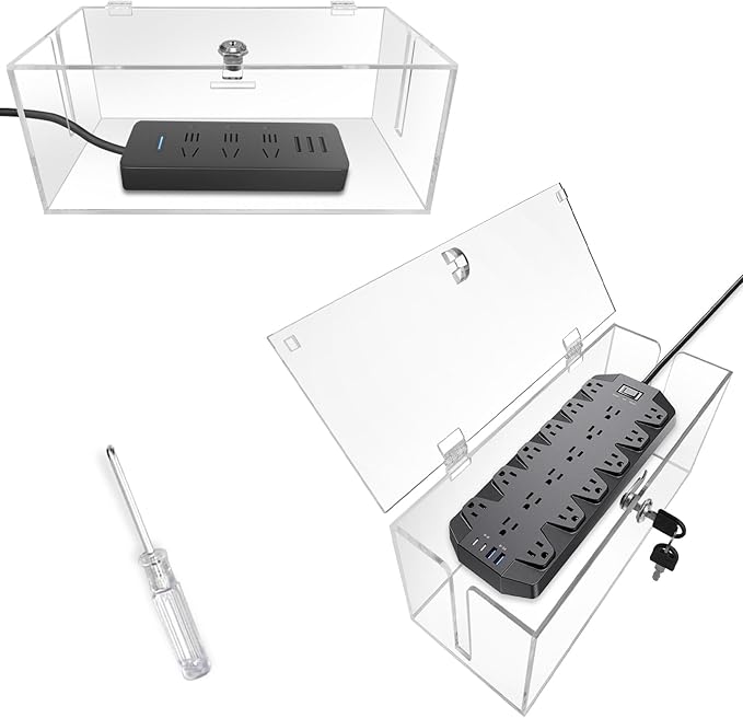 2PC Acrylic Plug Organizer Upgrade,Cable Management Box with Lock,Cable Organizer Box for Surge Protector Power Strip,TV Computer,Cable Wires of Home,Office,Child and Pet Proof
