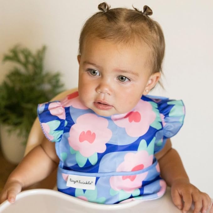 Tiny Twinkle Mess Proof Baby Bibs | 2 Pack Waterproof Toddler Bib for Eating | Baby Apron for Feeding, Machine Washable, Perfect Shower Gift (Blue Floral,Unicorn, 6–24M)