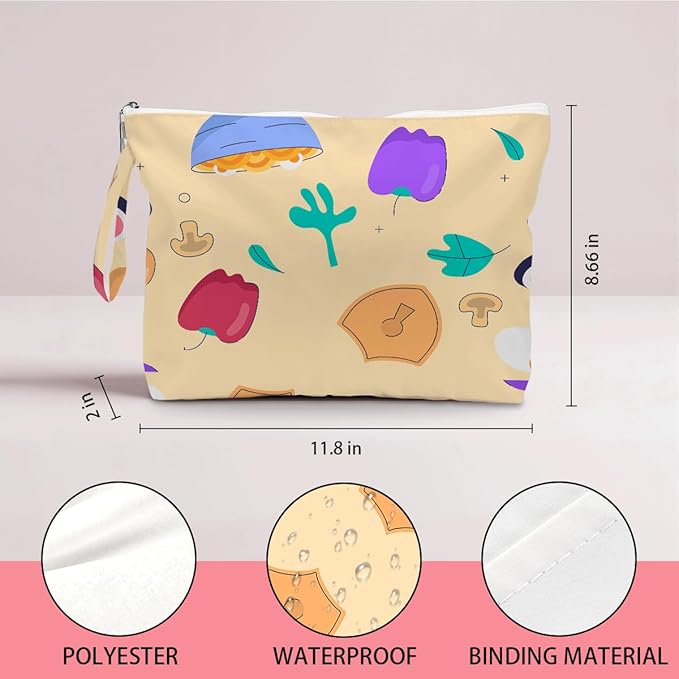Wet Dry Bag, Wet Bag for Swimsuit, Diaper Sunscreen Large Zipper Pouch Waterproof Pouch, Beach Bags for Women, Bell Pepper and Mushroom Pattern, Gifts for Ladies Girls Friends Colleagues and Sisters